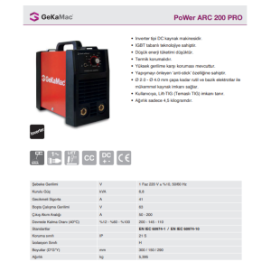 Gekamac Power Arc 200 Pro Inverter Kaynak Makinası +Kaynak Maskesi+Elektrodu Fırçası Hediyeli