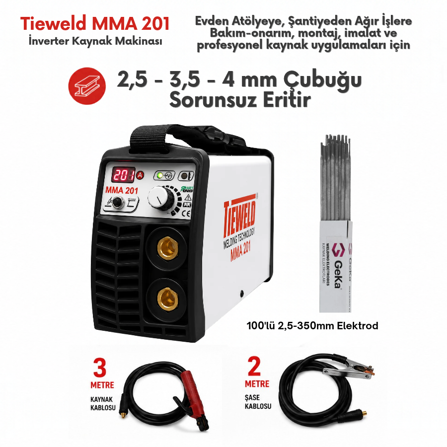 Tieweld MMA 201 İnverter Kaynak Makinası + 1 Paket 100'LÜ 2,5X350MM Elektrod
